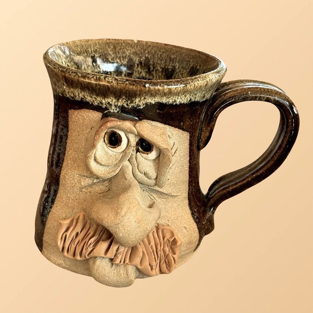 Signed Studio Pottery 3D Grouchy Face Mug Mustache One-of-a-Kind 10 oz